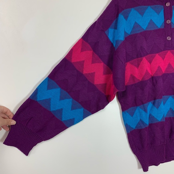 VTG Express Knit Zig Zag Grandpa Sweater Size Large Bright Retro Statement Cozy - Picture 12 of 15